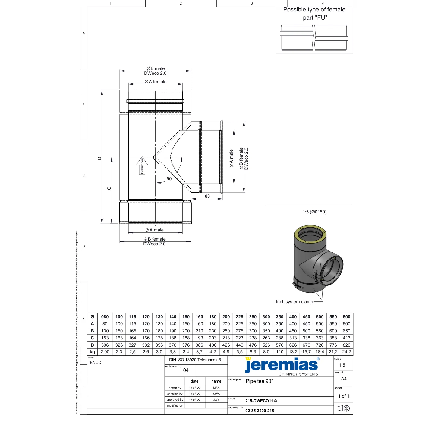 Trójnik 90° ⌀130 · DW-ECO-304 0,8 mm