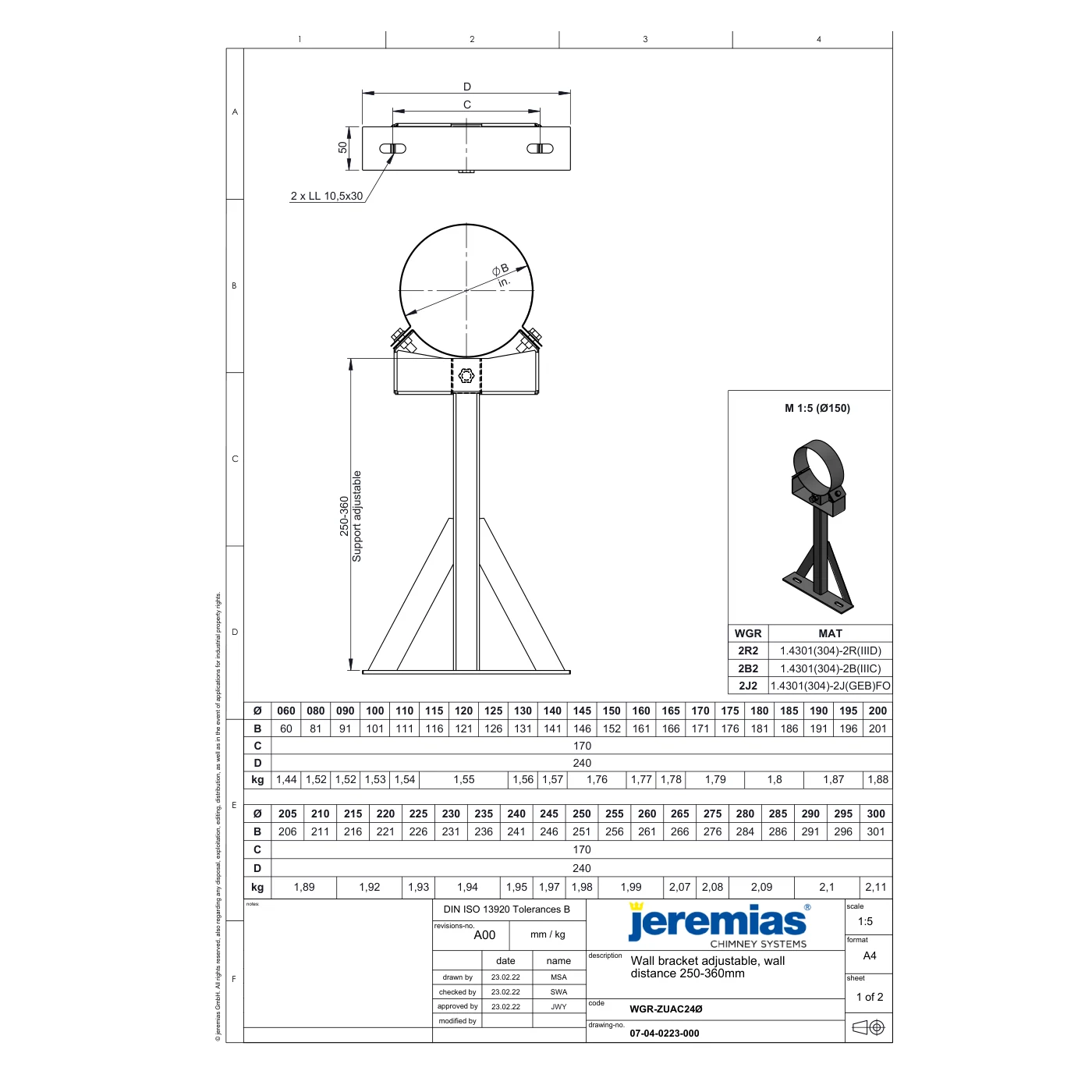 Wspornik ścienny przestawny 250–360 mm ⌀130 · DW-VISION