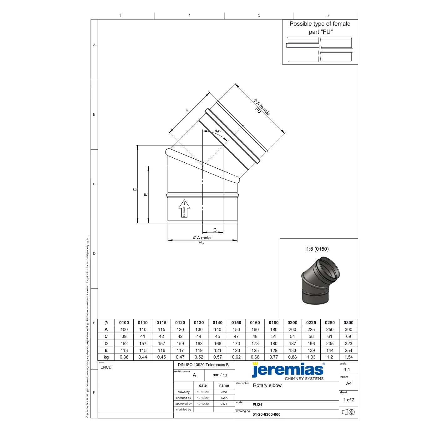 Kolano regulowane 0-90° z wyczystką ⌀130 · EW-FU 0,6 mm