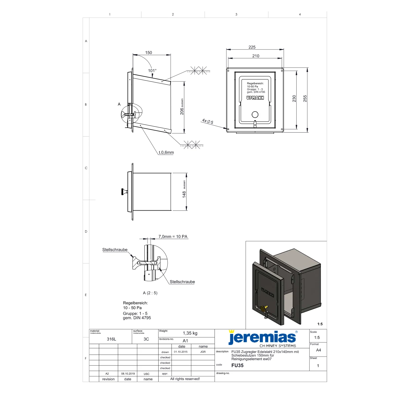 Regulator ciągu 210×140 mm z króćcem ⌀150 do EW34 · EW-FU
