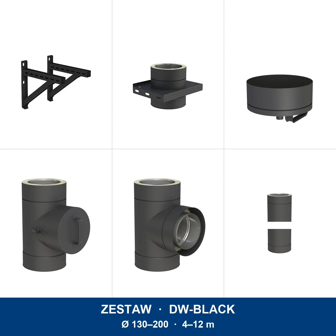 Zestaw kominowy DW-BLACK · czarny komin po elewacji do kominka lub pieca