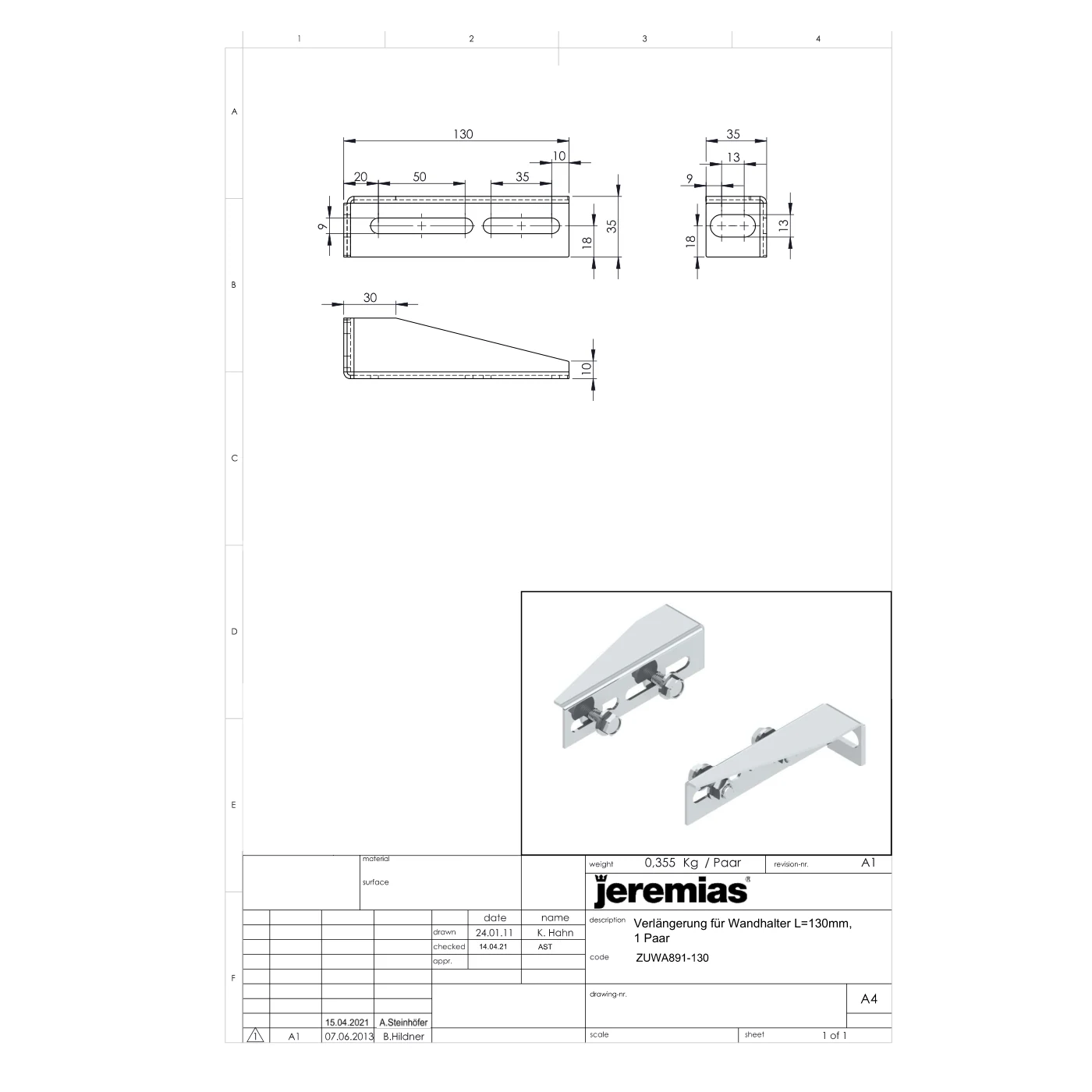 Przedłużenie ramienia wspornika L=130 mm (2 szt. w komplecie) · TWIN-GAS